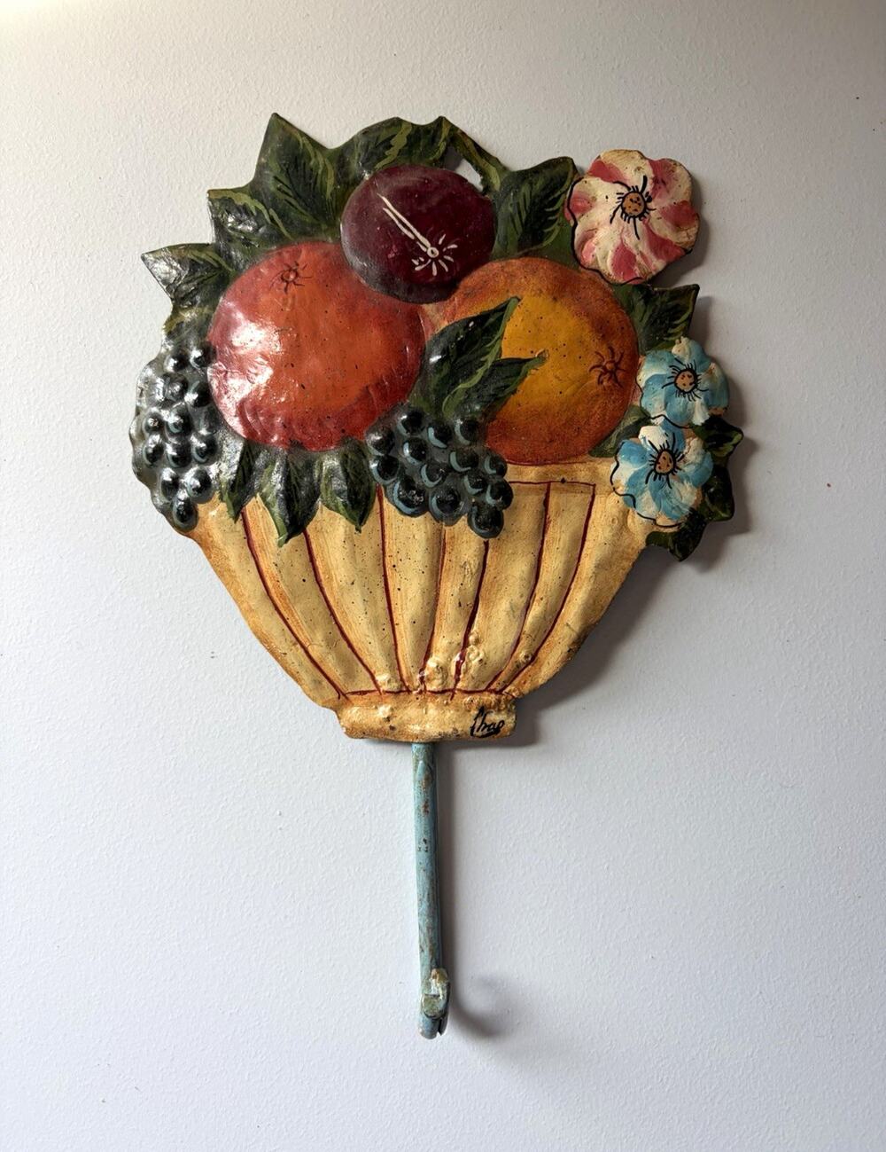 Wall Mounted Decorative Metal Hook, Traditional Painted Multicolor Fruit Signed